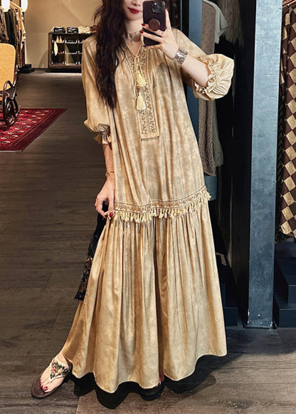 Handmade Yellow Wrinkled Lace Up Patchwork Cotton Dresses Summer