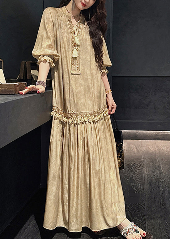 Handmade Yellow Wrinkled Lace Up Patchwork Cotton Dresses Summer