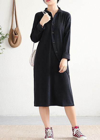 Handmade black Cotton Tunics lapel asymmetric Midi Dress - SooLinen