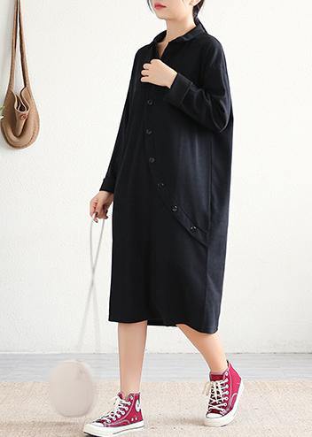 Handmade black Cotton Tunics lapel asymmetric Midi Dress - SooLinen