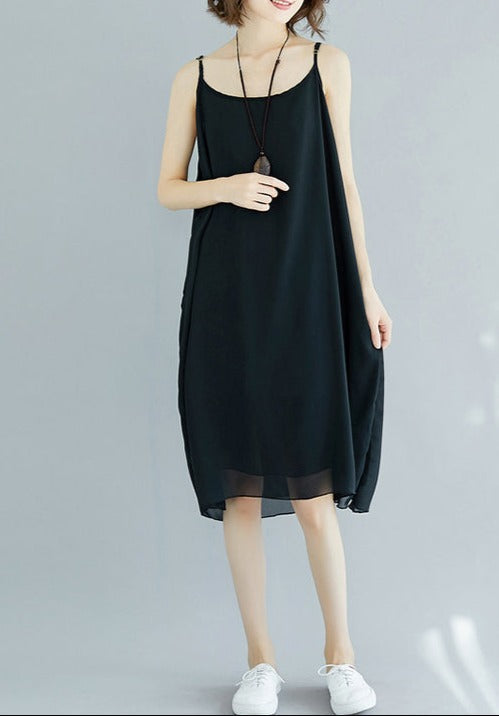 Handgemachte schwarze Chiffonkleidung für Frauen Spaghettiträger Maxi Sommerkleid