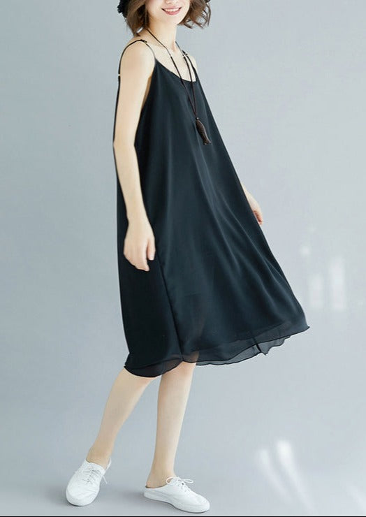 Handgemachte schwarze Chiffonkleidung für Frauen Spaghettiträger Maxi Sommerkleid