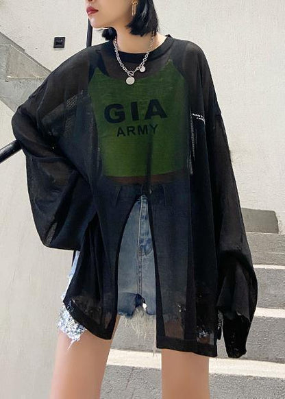 Handmade black clothes For Women o neck Sun protection clothing daily summer shirt - SooLinen