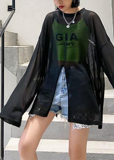 Handmade black clothes For Women o neck Sun protection clothing daily summer shirt - SooLinen