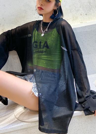 Handmade black clothes For Women o neck Sun protection clothing daily summer shirt - SooLinen