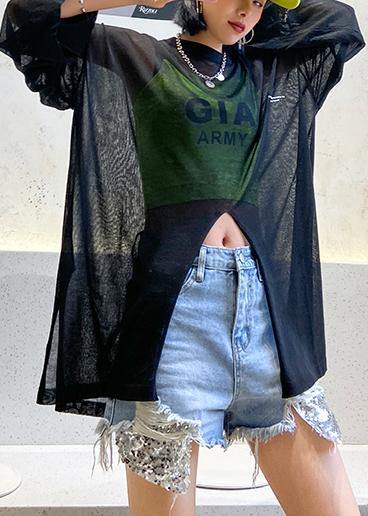 Handmade black clothes For Women o neck Sun protection clothing daily summer shirt - SooLinen