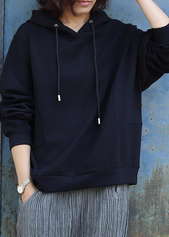 Handmade black cotton Blouse patchwork Art hooded shirts - SooLinen