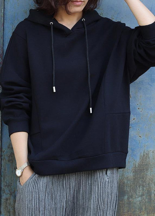 Handmade black cotton Blouse patchwork Art hooded shirts - SooLinen