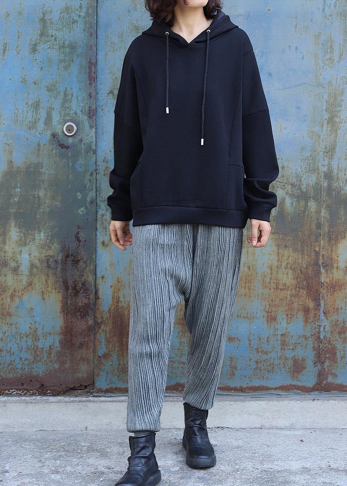 Handmade black cotton Blouse patchwork Art hooded shirts - SooLinen