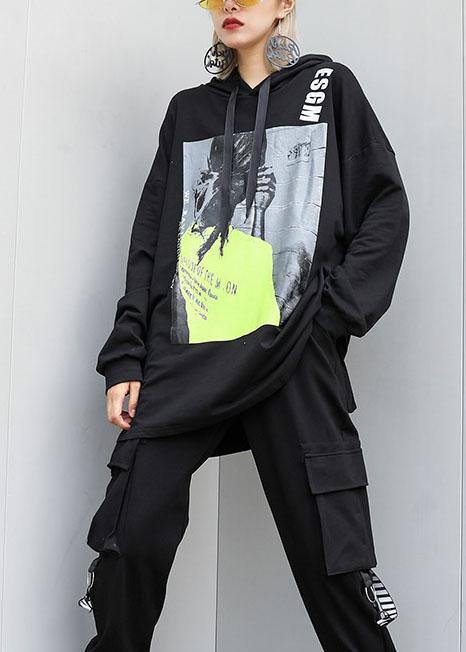 Handmade black cotton tunic pattern hooded oversized fall blouses - SooLinen