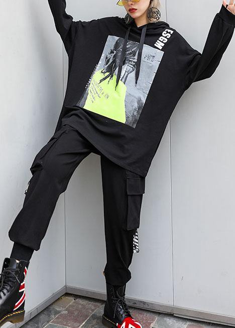 Handmade black cotton tunic pattern hooded oversized fall blouses - SooLinen