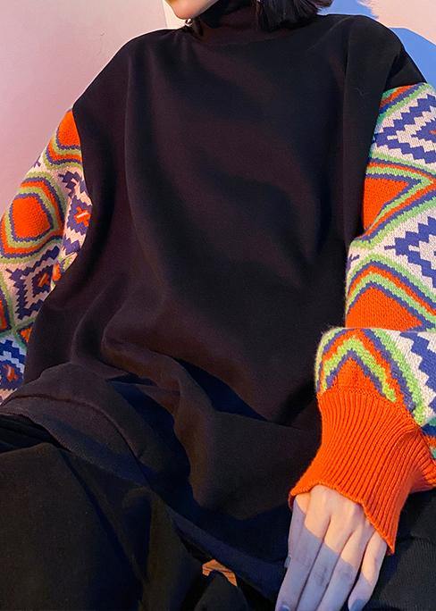 Handmade black patchwork clothes high neck Art spring tops - SooLinen