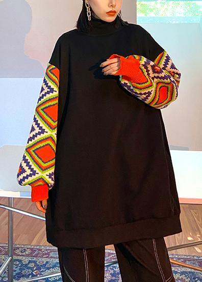 Handmade black patchwork clothes high neck Art spring tops - SooLinen