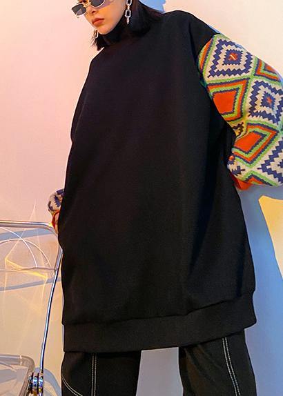 Handmade black patchwork clothes high neck Art spring tops - SooLinen