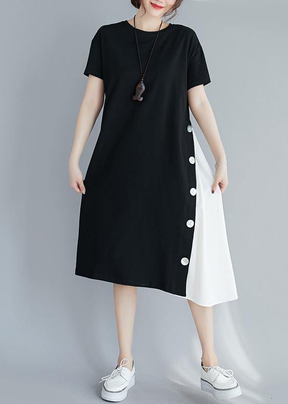 Handmade black patchwork white clothes For Women o neck A Line Dresses - SooLinen
