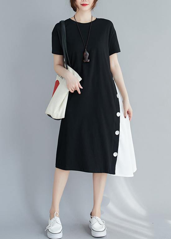 Handmade black patchwork white clothes For Women o neck A Line Dresses - SooLinen