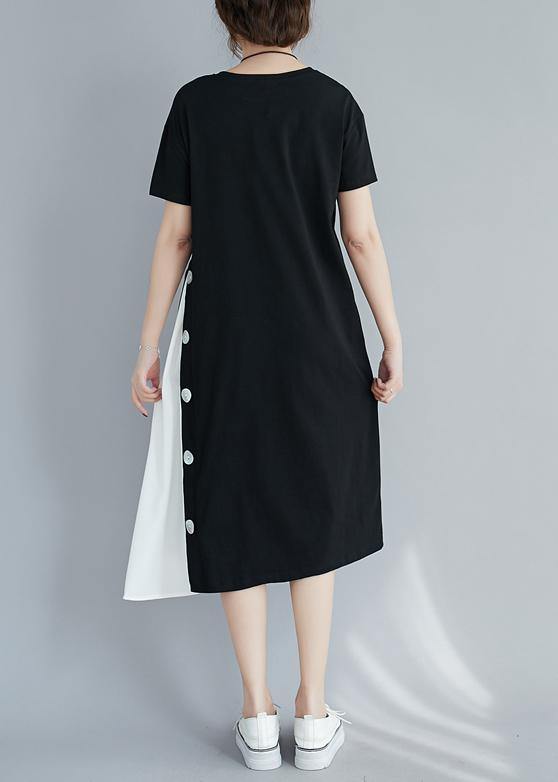 Handmade black patchwork white clothes For Women o neck A Line Dresses - SooLinen