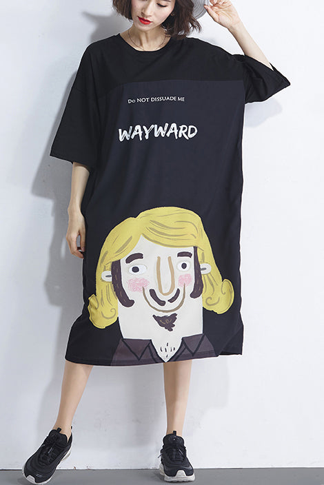 Handgemachtes schwarzes Baumwollkleid mit feinem Druck, Fotografie, Rundhalsausschnitt, tägliches Sommerkleid