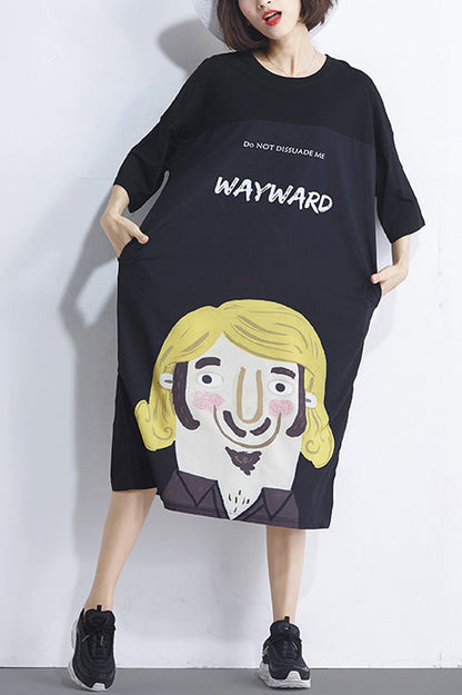 Handgemachtes schwarzes Baumwollkleid mit feinem Druck, Fotografie, Rundhalsausschnitt, tägliches Sommerkleid