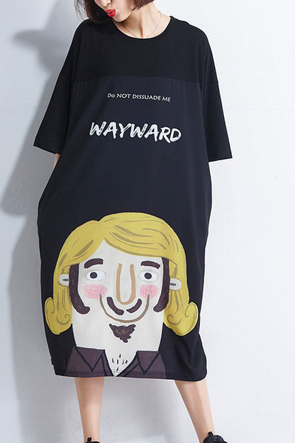 Handgemachtes schwarzes Baumwollkleid mit feinem Druck, Fotografie, Rundhalsausschnitt, tägliches Sommerkleid