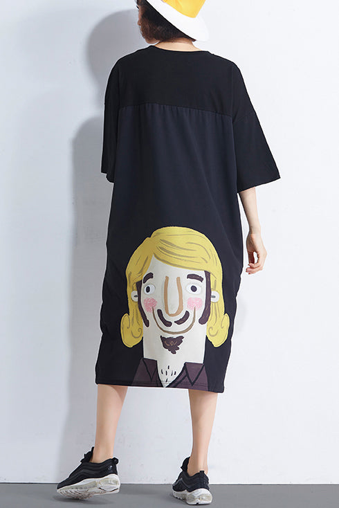 Handgemachtes schwarzes Baumwollkleid mit feinem Druck, Fotografie, Rundhalsausschnitt, tägliches Sommerkleid