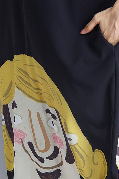 Handgemachtes schwarzes Baumwollkleid mit feinem Druck, Fotografie, Rundhalsausschnitt, tägliches Sommerkleid