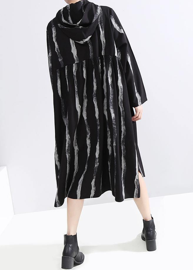 Handmade black striped Fine Long coats Cotton zippered hooded outwears - SooLinen