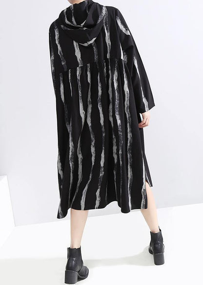 Handmade black striped Fine Long coats Cotton zippered hooded outwears - SooLinen