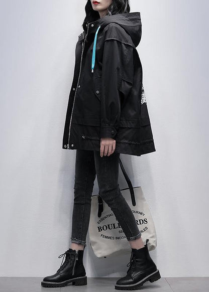 Handmade black  tunics for women design hooded Letter coats - SooLinen