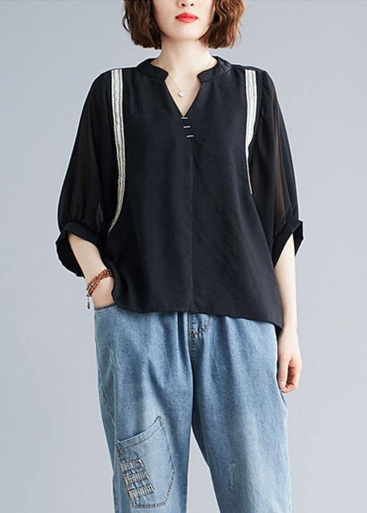 Handmade black top silhouette v neck Batwing Sleeve summer shirt - SooLinen