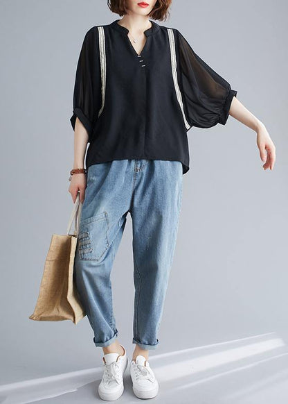 Handmade black top silhouette v neck Batwing Sleeve summer shirt - SooLinen