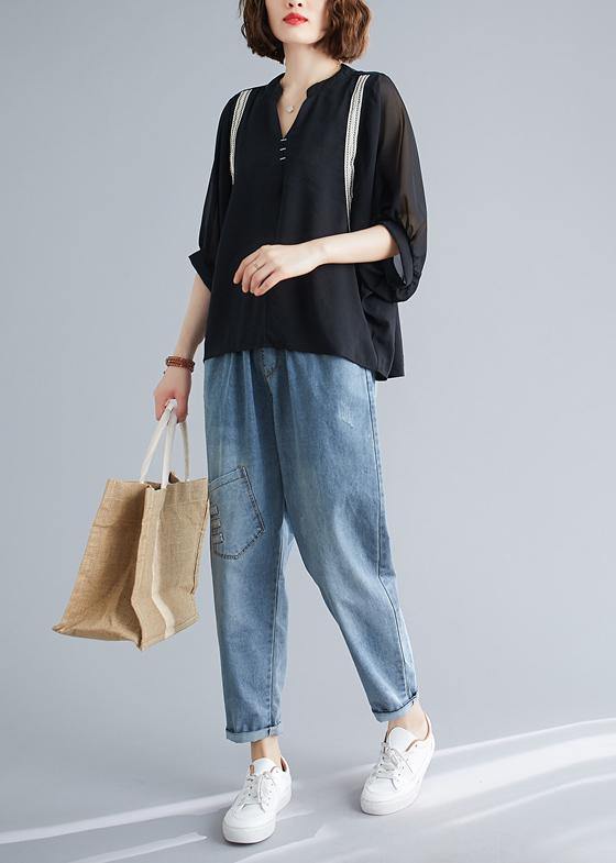 Handmade black top silhouette v neck Batwing Sleeve summer shirt - SooLinen