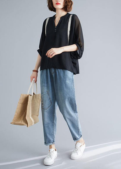 Handmade black top silhouette v neck Batwing Sleeve summer shirt - SooLinen