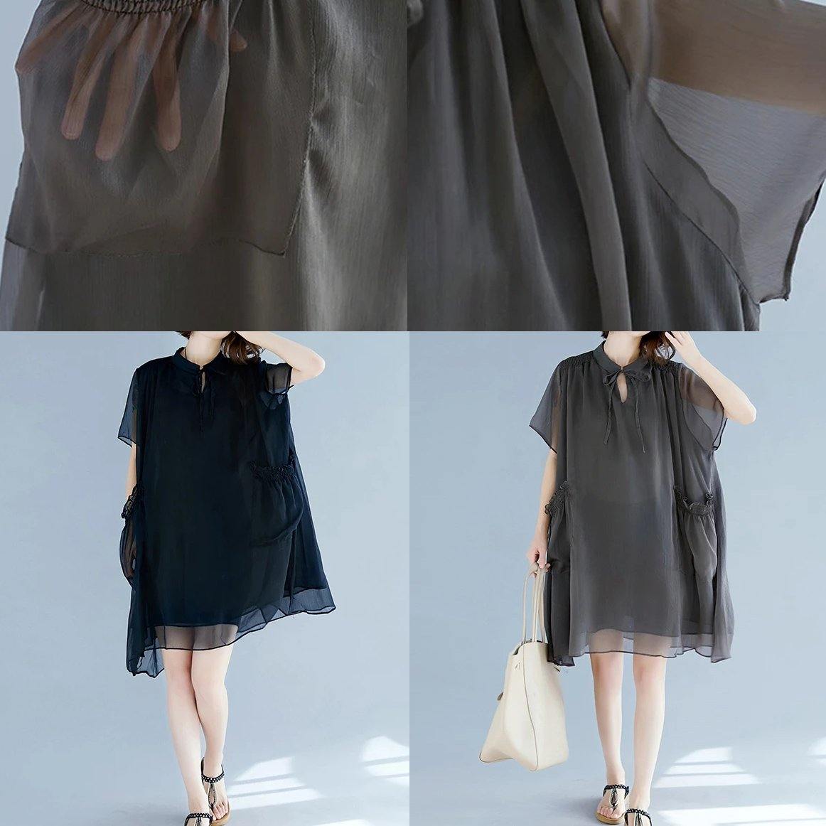 Handmade black tunic pattern stand collar pockets A Line Dresses - SooLinen