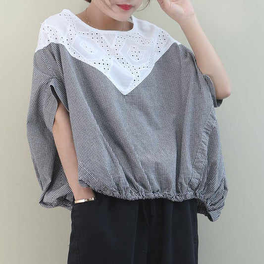 Handmade black white plaid cotton linen tops women Outfits o neck Batwing Sleeve shirt - SooLinen