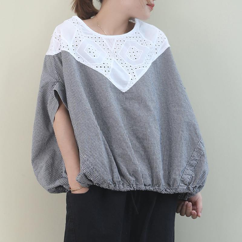 Handmade black white plaid cotton linen tops women Outfits o neck Batwing Sleeve shirt - SooLinen