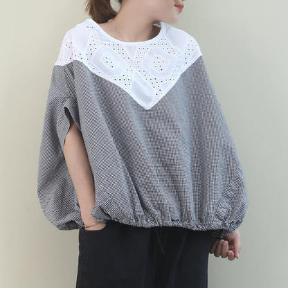 Handmade black white plaid cotton linen tops women Outfits o neck Batwing Sleeve shirt - SooLinen