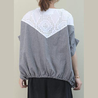 Handmade black white plaid cotton linen tops women Outfits o neck Batwing Sleeve shirt - SooLinen