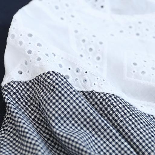 Handmade black white plaid cotton linen tops women Outfits o neck Batwing Sleeve shirt - SooLinen