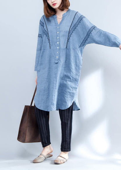 Handmade blue linen clothes embroidery Midi summer Dresses - SooLinen