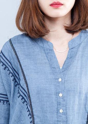 Handmade blue linen clothes embroidery Midi summer Dresses - SooLinen