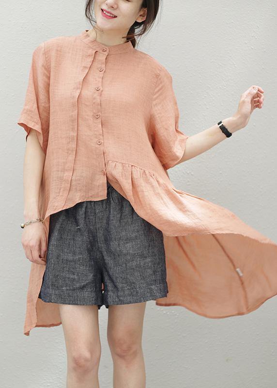 Handmade blue linen clothes stand collar asymmetric cotton blouse - SooLinen