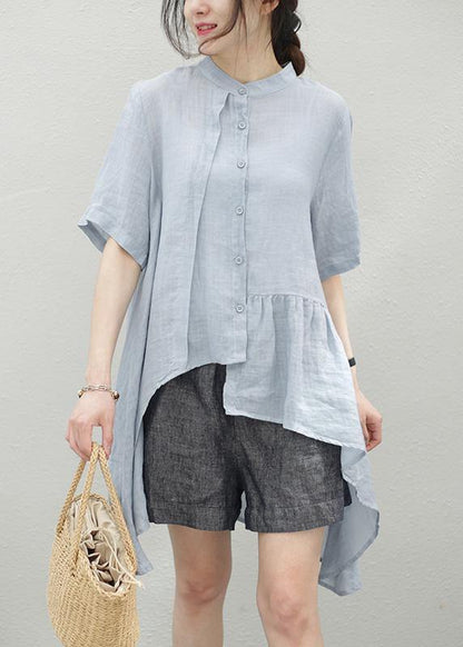 Handmade blue linen clothes stand collar asymmetric cotton blouse - SooLinen