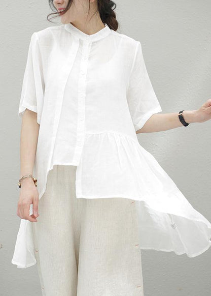 Handmade blue linen clothes stand collar asymmetric cotton blouse - SooLinen