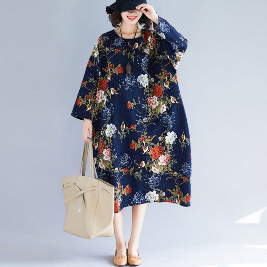 Handgemachtes, blau bedrucktes Baumwoll-Leinenkleid mit langen Modeideen und Taschen