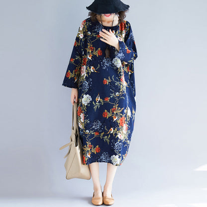 Handgemachtes, blau bedrucktes Baumwoll-Leinenkleid mit langen Modeideen und Taschen