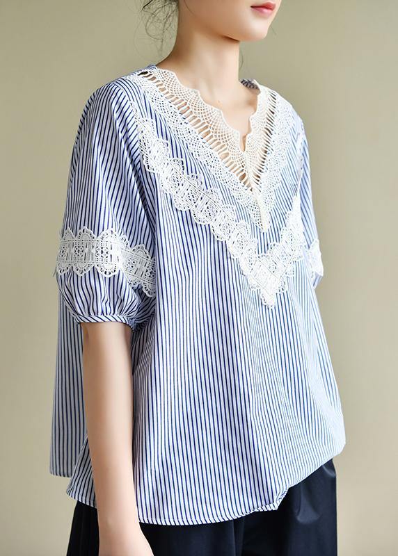Handmade blue striped tops v neck patchwork lace Art top - SooLinen