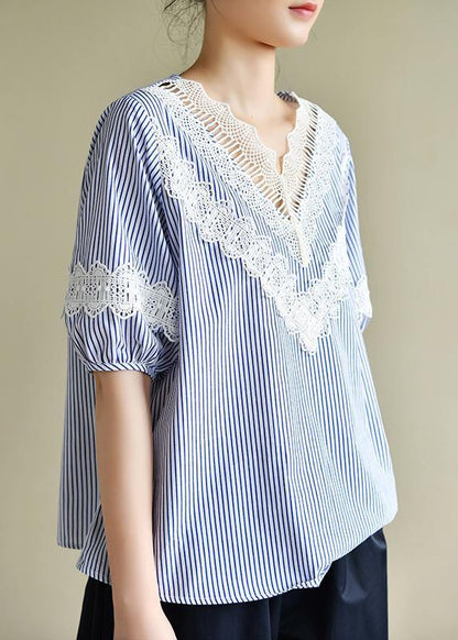 Handmade blue striped tops v neck patchwork lace Art top - SooLinen
