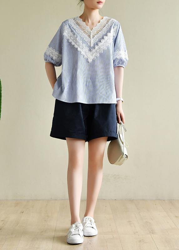 Handmade blue striped tops v neck patchwork lace Art top - SooLinen