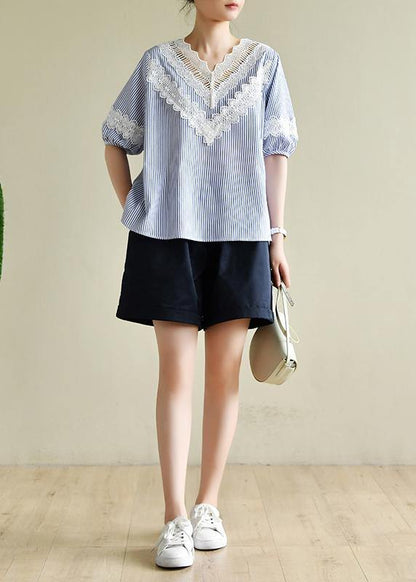 Handmade blue striped tops v neck patchwork lace Art top - SooLinen